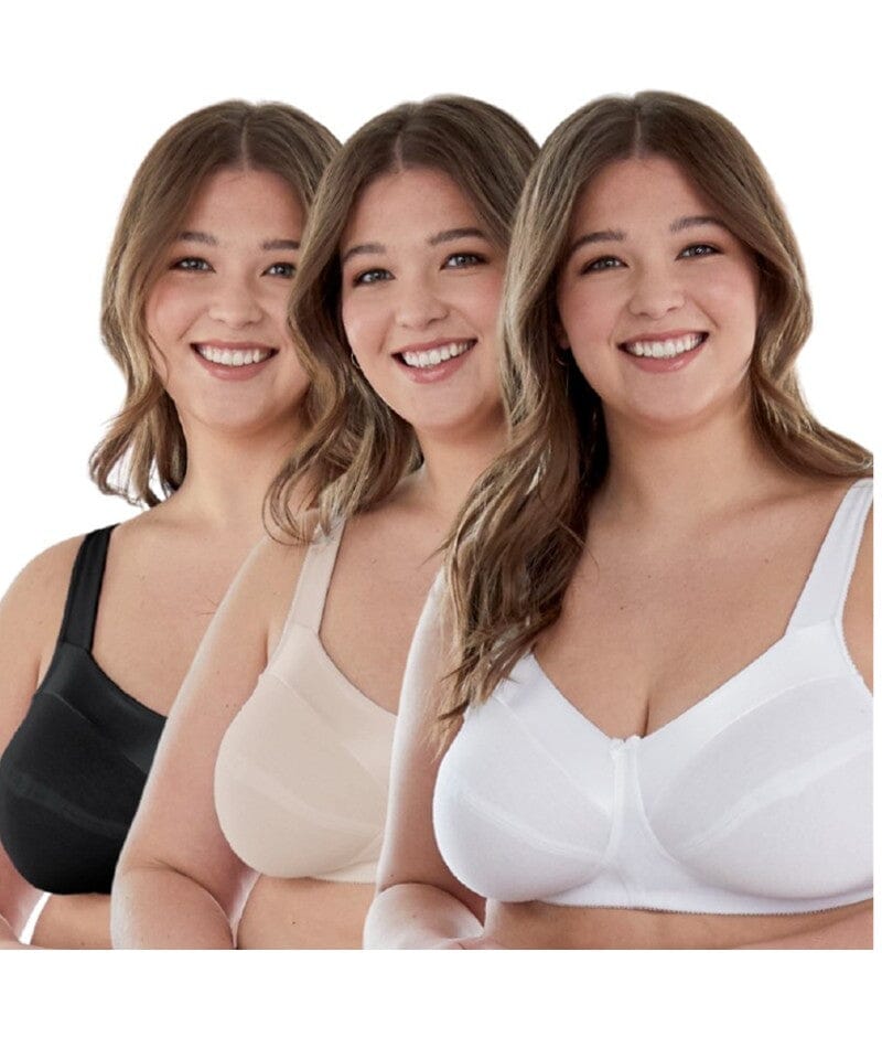 Bestform Satin Trim Wire-Free Cotton Bra With Unlined Cups 3 Pack - Black/Nude/White Bras 