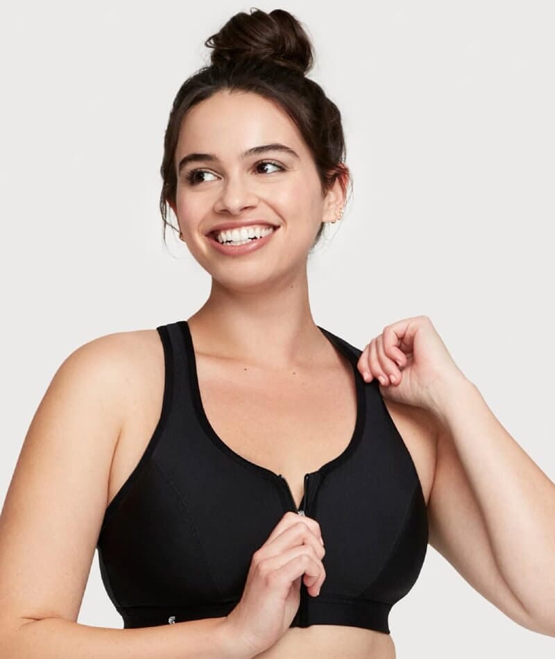 Glamorise Zip Up Front-Closure Wire-Free Sports Bra - Black Bras 