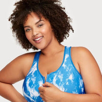 Glamorise Zip Up Front-Closure Wire-Free Sports Bra - Blue Tie-Dye