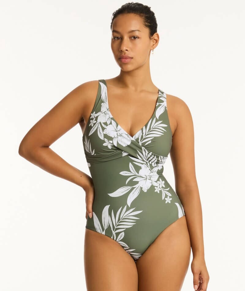 Sea Level Aloha Cross Front A-DD Cup One Piece Swimsuit - Khaki Swim 