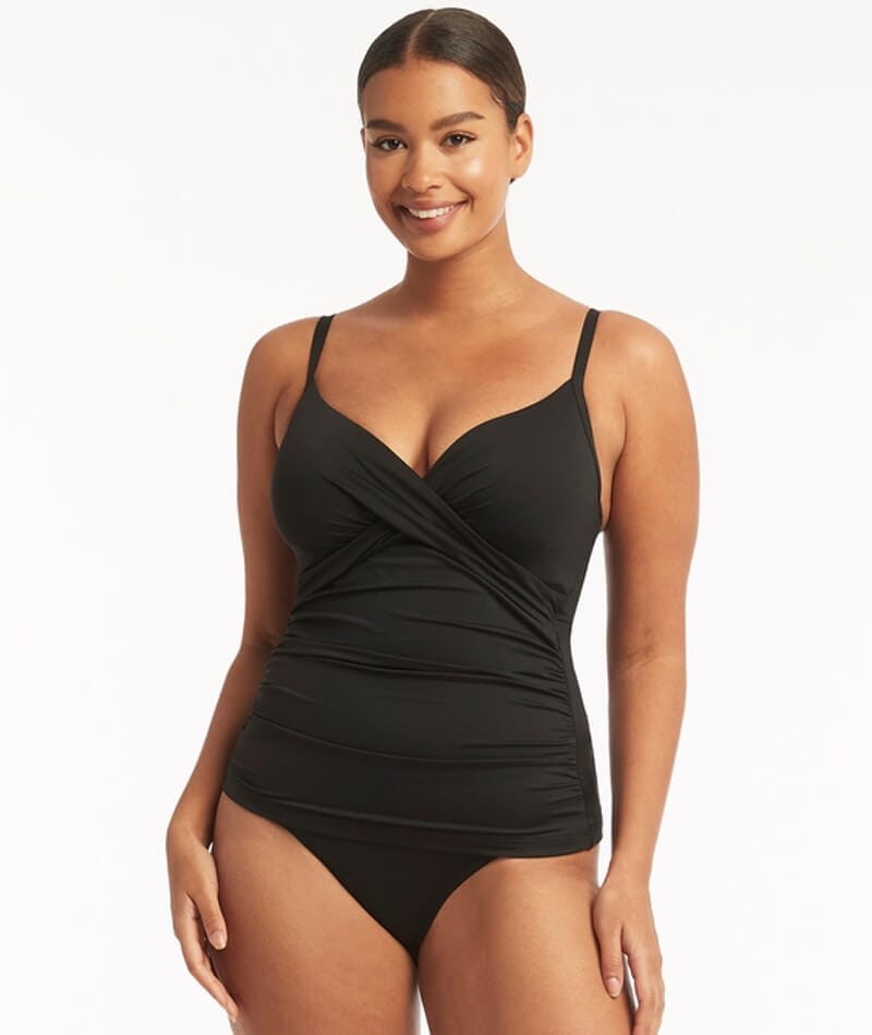 Sea Level Eco Essentials Cross Front DD-E Cup Singlet Top - Black Swim 