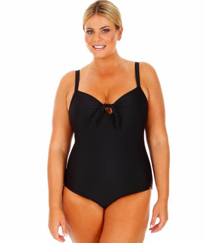 Capriosca Chlorine Resistant Plain One Piece with Bow Black Swim 10 