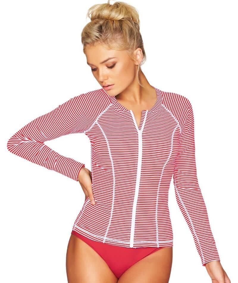 Sea Level Sorrento Stripe Long Sleeved Rash Vest - Full Zipper - Red Swim 8 