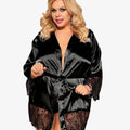 Curvy Elegant Satin Eyelash Lace Long Sleeve Short Robe Sleepwear with Thong - Black