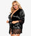 Curvy Elegant Silk Eyelash Lace Long Sleeve Short Robe Sleepwear with Thong - Black Babydoll / Chemise 