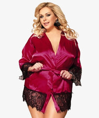 Curvy Elegant Silk Eyelash Lace Long Sleeve Short Robe Sleepwear with Thong - Red Babydoll / Chemise 