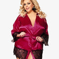 Curvy Elegant Satin Eyelash Lace Long Sleeve Short Robe Sleepwear with Thong - Red