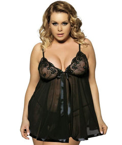 Curvy Mesh Lace Cup Babydoll Nightdress with G String Black