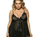 Curvy Mesh & Lace Cup Babydoll Nightdress with G-String - Black