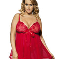 Curvy Mesh & Lace Cup Babydoll Nightdress with G-String - Red