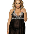 Curvy Mesh & Lace Halter Babydoll with G-String - Black