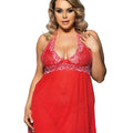 Curvy Mesh & Lace Halter Babydoll with G-String - Red