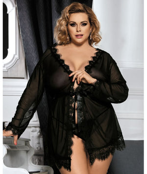 Curvy Mesh & Lace Trim Robe with Thong - Black Babydoll / Chemise 