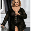 Curvy Mesh & Lace Trim Robe with Thong - Black