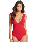 Sea Level Essentials Frill One Piece Swimsuit - Red Swim 