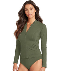 Sea Level Essentials Long Sleeved Rash Vest - Full Zipper - Khaki Swim 