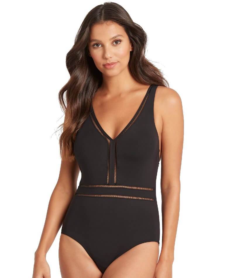 Sea Level Essentials Spliced Waisted B-DD Cup One Piece Swimsuit - Black Swim 