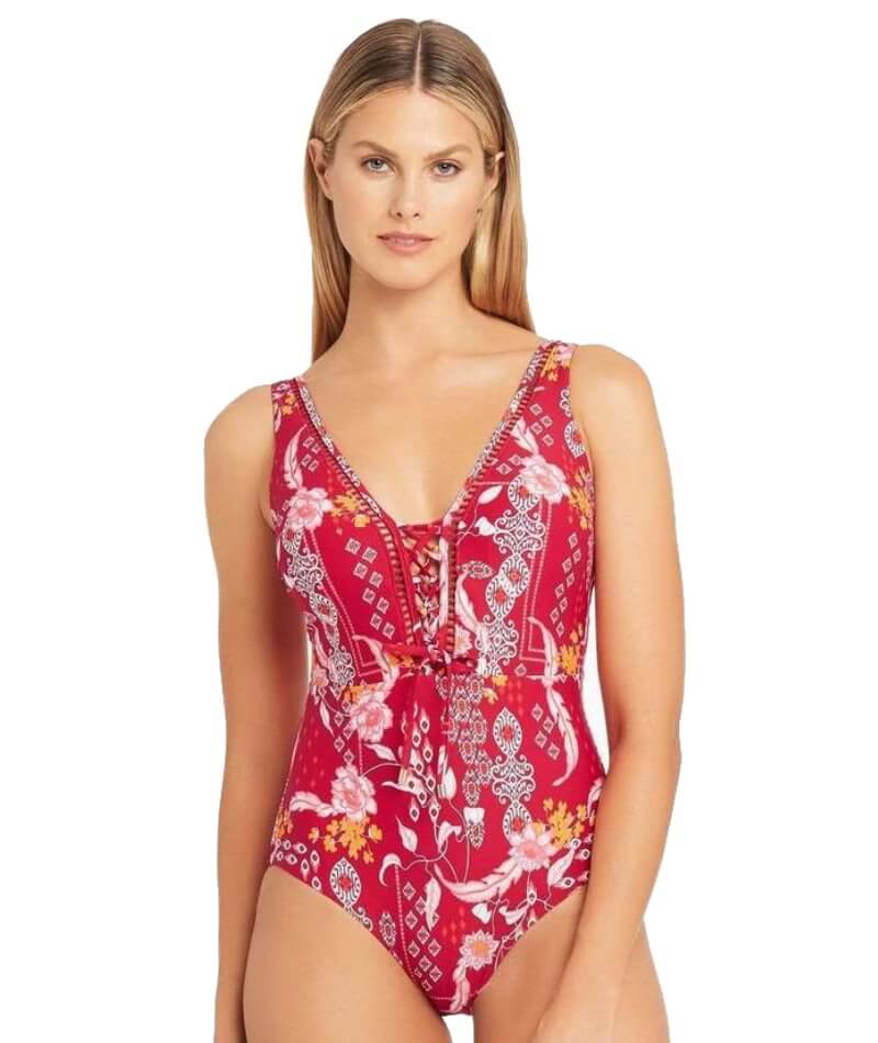 Sea Level Jardin Lace Up Plunge One Piece Swimsuit - Jardin Swim 8 Jardin 