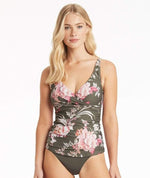 Sea Level Martini Cross Front A-DD Cup Singlet Top - Khaki Floral Swim 