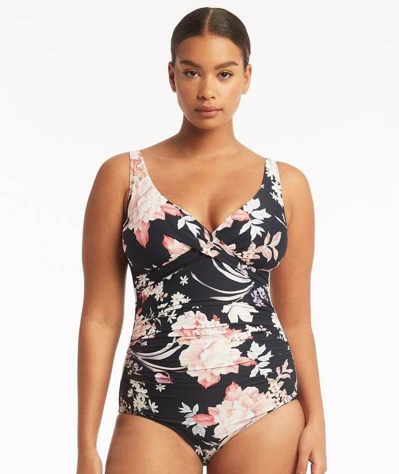 Sea Level Martini Cross Front Multifit One Piece Swimsuit - Black Floral Swim 