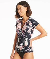 Sea Level Martini Short Sleeve Multifit Rash Vest - Full Zipper - Black Floral Swim 