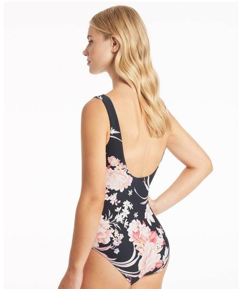 Sea Level Martini Square Neck Scoop Back One Piece Swimsuit - Black Floral Swim 