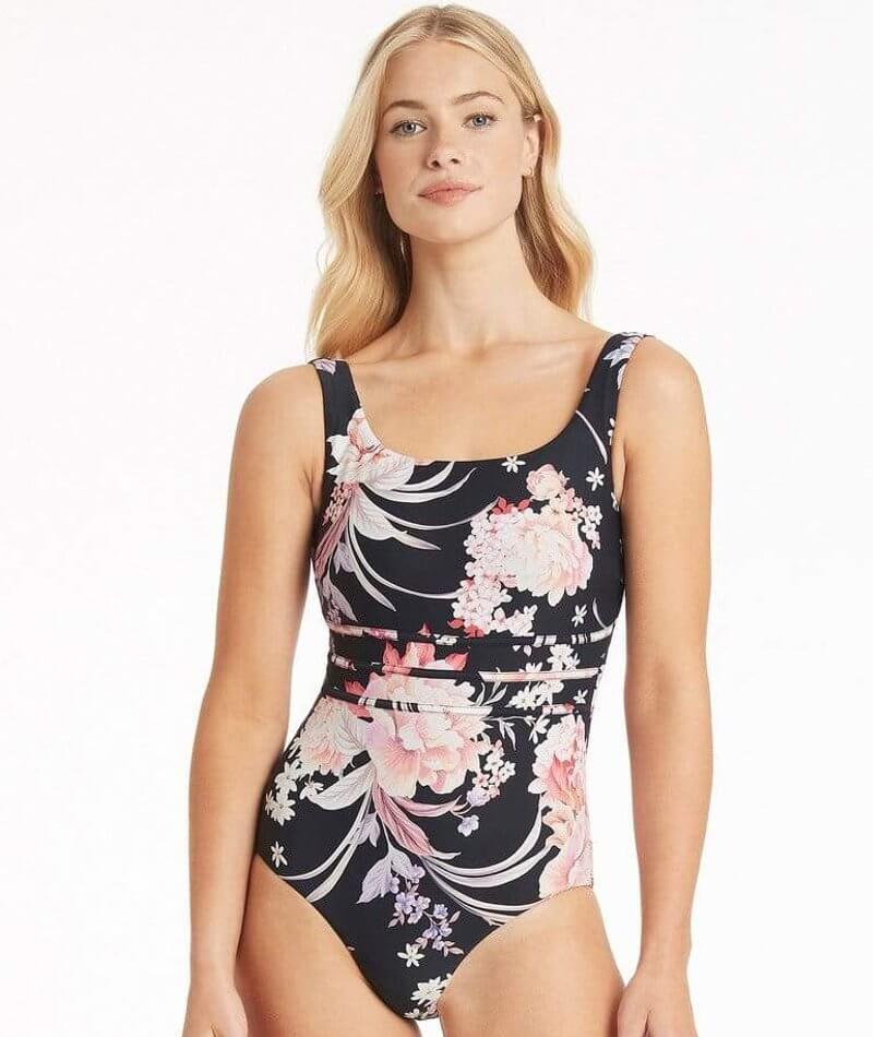 Sea Level Martini Square Neck Scoop Back One Piece Swimsuit - Black Floral Swim 