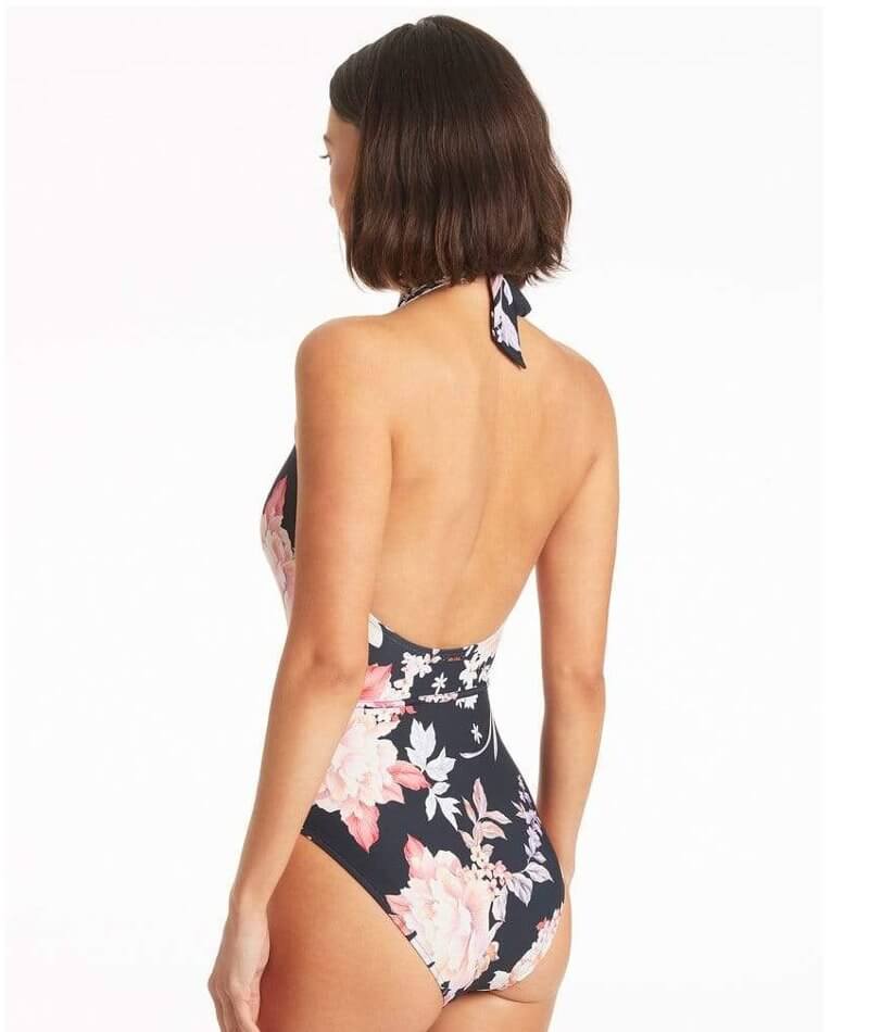 Sea Level Martini V-Neck Halter One Piece Swimsuit - Black Floral Swim 