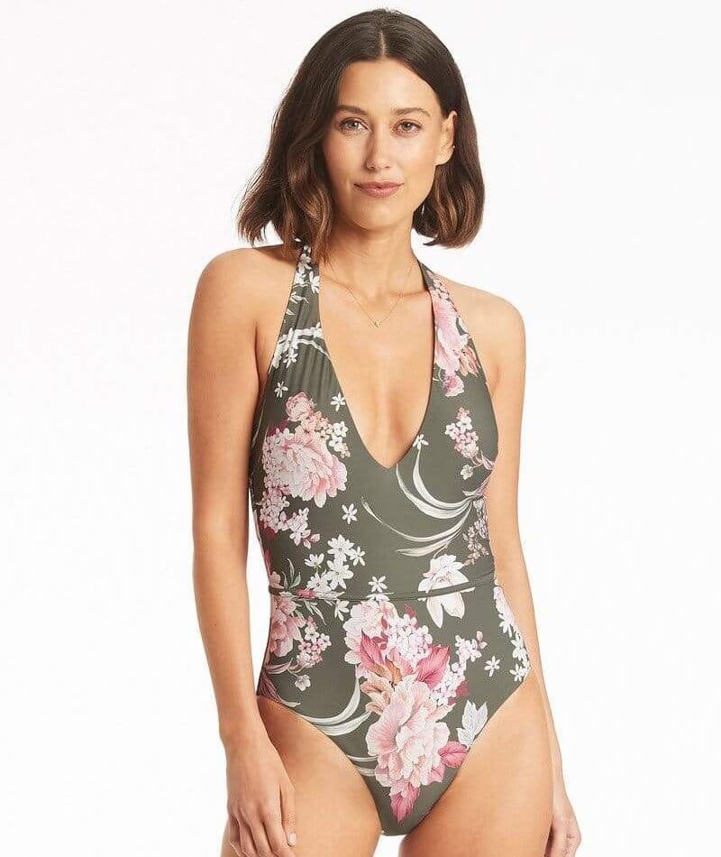 Sea Level Martini V-Neck Halter One Piece Swimsuit - Khaki Floral Swim 