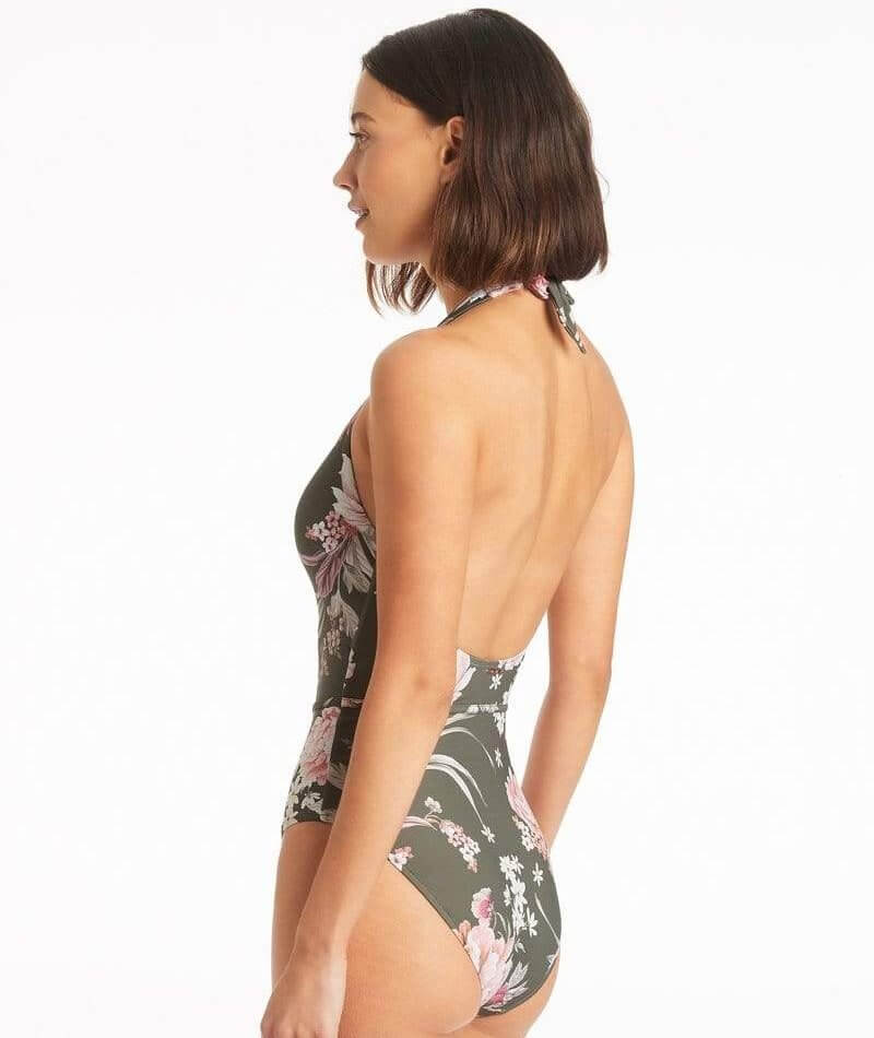 Sea Level Martini V-Neck Halter One Piece Swimsuit - Khaki Floral Swim 