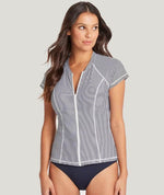 Sea Level Positano Stripe Short Sleeved B-DD Cup Rash Vest - Full Zipper - Night Sky Swim 