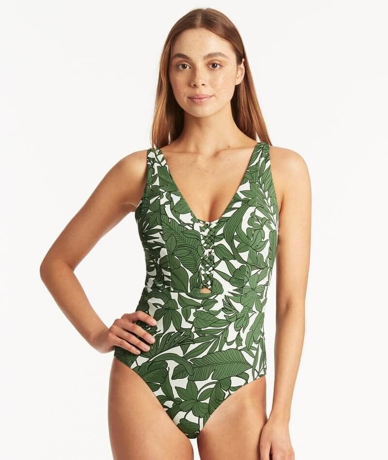 Sea Level Retreat Plunge with Macrame Detail One Piece Swimsuit - Olive Swim 