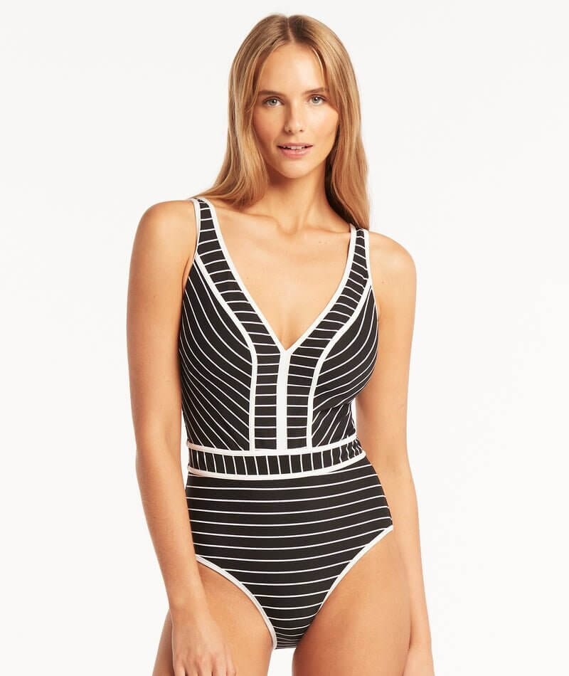 Sea Level Shorline Spliced Waisted One Piece Swimsuit - Black Swim 